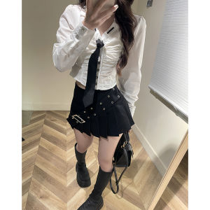 Bộ Hai Mảnh Ngắn Phong Cách Đại Học Cổ Polo Ôm Vừa Vặn Xếp Ly Áo Sơ Mi Dài Tay Gợi Cảm Bé Gái Phong Cách Thấp Vòng Eo Xếp Ly Mini Váy