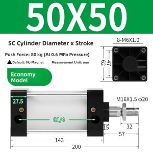 Standard Aluminum Alloy Double Acting Pneumatic Cylinder SC32/40/50/63/80/100/125/150/160/200/250*50/100/150 Customizable