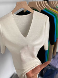 V Neck Breathing Stretchable Mid Sleeve Knitted Blouse