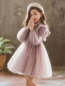 Váy Công Chúa Tay Dài Thời Trang Cho Bé Gái Mùa Thu Mới Về Váy Midi Chữ a Cổ Tròn Màu Trơn Phong Cách Thường Ngày