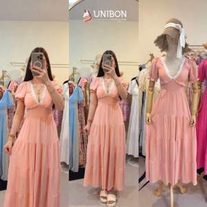 U20🥰เดรสยาวแขนตุ๊กตาคอวี แต่งลูกไม้ขอบอก ทรงนี้ขายดีใส่สวยพรางหุ่นมากๆ จัดเลยจ้า🌟💖