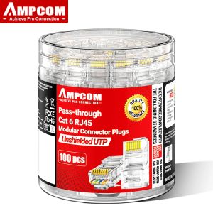 AMPCOM RJ45 Modular Plug Pass-Thru CAT6 Connector for 23-26 AWG Cable UTP Gold Plated 8P8C Crimp End for Ethernet Cable 100PCS