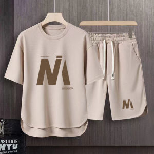 Hong Kong Style Ice Silk Waffle Pattern Casual Set Summer Trendy Sporty Loose Shorts Two Piece Set Polyester Fiber Short Sleeve T-Shirt