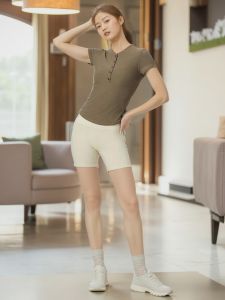 Ultra-Soft Ribbed Henry Shirt Short Sleeve Sweat-Wicking Breathable Elastic Yoga Fitness Womens Slim Fit Sportswear Top