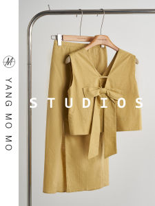 Elegant Butterfly Knot Linen Vest Top Half Skirt Set Summer New Arrival Womens Fashionable Two-Piece Suit round Neck Polyester