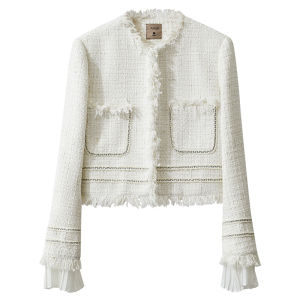 AMII | Luxurious Style Coarse Tweed Fringe Pleated Cuff Box Jacket Outwear