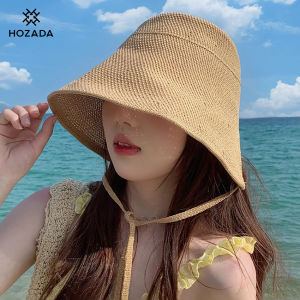 HOZADA Women Sun Cap Straw Woven Lace Up Hat Beach Hat Foldable Sun-proof Hat Casual Sun Hats Portable Fisherman Cap Sun Protection Cap UV Protection Hats for Summer Outdoor Travel