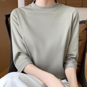 Pure Cotton Short Sleeve T-Shirt Womens Loose Fit Half High Collar Seven Sleeve Base Shirt Inner Wear Summer Spring New Style