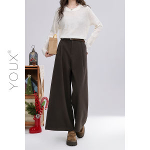 YOUXIANG | Quần Tây Cao Gót Chân Rộng Pha Len Casual