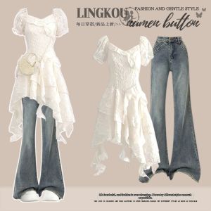 NUMEN BUTTON | French Style Big Size Summer Wear Outfit Set Dress and Slim Jeans