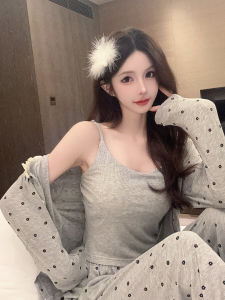 ผู้หญิง ฤดูใบไม้ผลิ ฤดูใบไม้ร่วง หวาน Modal ผ้าฝ้าย ชุดราตรีแขนยาวพร้อมแผ่นรองหน้าอกสีเทาสวมใส่ในบ้านสามชิ้น ชุดสูท เสื้อผ้าในบ้าน