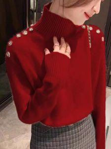 Koja New 2025 Autumn Winter High Neck Mixed Bear Velvet Red Knitted Sweater Button Shoulder New Years Warm Thickened Long Sleeve