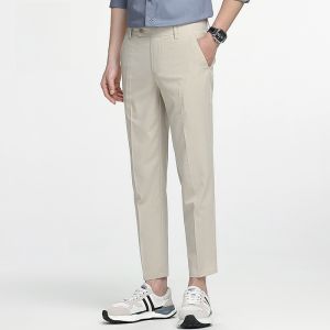 ROMON | Lormen Mens Slim Fit Casual Pants Summer Thin Straight Leg Business Khaki Ice Silk Elastic Nine-Tenths Length Pants