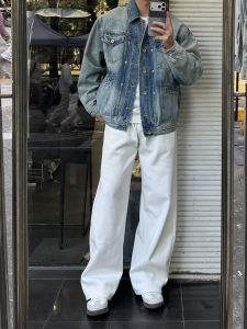 OUMULONG | Thermal Denim Pants Mens Straight Flared Leg