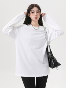 White round Neck Mid-Length Pure Cotton Base Shirt Womens Outerwear Loose Long Sleeve T-Shirt Korean Style Spring New Arrival