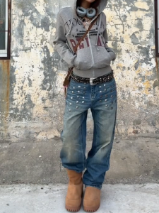 Retro American Design Rivet Straight Leg Jeans Womens Loose Slimming Drapey Wide Leg Floor-Length Pants Casual High Waist