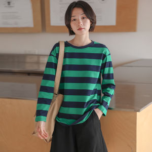 Pure Cotton Inner Bottoming Shirt Loose Large T-shirt Hip-Covering Tops Mid Length Long Length Green Stripes Long Sleeves T-Shirt Women