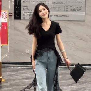 BINKAFENNY | Irregular V-neck Lace Splicing Short Sleeve Womens Summer Design Unique Exquisite Waist-cinching Beautiful Top Korean Style Commute