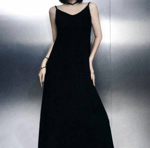 Summer Thin Folded Strap Dress Womens Loose High Waist Long Skirt Elegant Slimming French Style Luxury Pure Color Gown