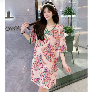 Summer Thin Loose Large Size Chinese Style Button-Up Sleepwear Dress New Home Wear Can Be Worn Outdoors V-Neck Floral Pattern