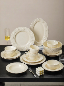 JINGDITAOCI | Underglaze Carved French Cream Style Attractive Dinnerware Set