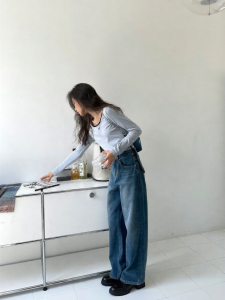 NIHAOKANONG | Quần jeans nữ ống rộng cạp cao