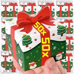 50PCS Christmas Paper Gift Box Red 3D Bow Candy Package Green Cartoon Pattern Decoration Gifts Bags Child Favors