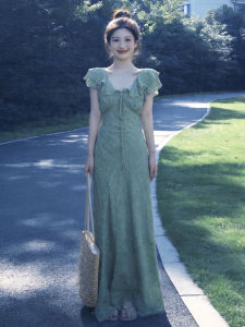 Karrar betsey | New French Tea Dress with Ruffles Green V-Neck Sleeveless Waist-Cinching Long Summer Dress
