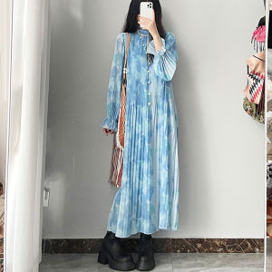 Áo Dài Tay In Nhuộm Màu Xanh Bohemian Đầm Mùa Xuân Mùa Thu Mùa Đông Một Mảnh Phong Cách Boho Nữ Thời Trang Thanh Lịch Thoải Mái Đầm