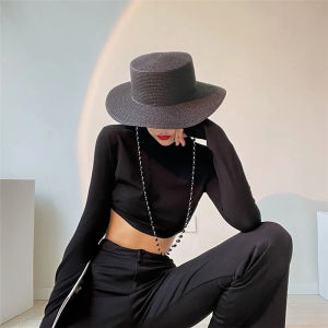 Elegant French Style Pearl Chain Straw Hat Womens Spring Summer Flat Top Beach Vacation Sunshade Hat Wide Brim Outdoors Cap