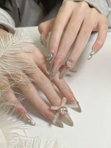 Handmade Transparent White Fairy Snow Cat Eye Butterfly Nail Art Wearable Detachable False Nails Artificial Nail Tips Adhesive