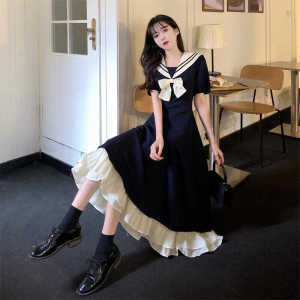 Sweet Butterfly Knot Navy Collar College Style Long Dress Women Spring Summer plus Size Short Sleeve Lace Trimmed Lolita Dress