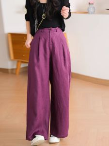 Elegant Tailored Linen Wide Leg Pants One Button Comfortable Breathable Korean Style Commute Natural Waist Long Trousers
