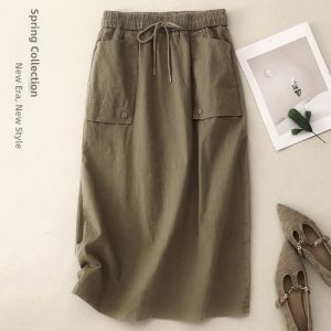 Retro Pure Color Half-length Skirt Womens Cotton Elastic Waist Commute Slimming Straight Tube Midi Skirt Fashionable All Seasons
