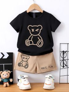 2025 Summer New 3D cute bear print casual fashionable comfortable breathable soft and light childrens set