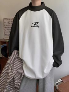 Áo Thun Nam Mùa Đông Dày Dặn Lót Lông Cừu Hai Mặt Màu Tương Phản Cổ Cao Tay Dài in Chữ Thời Trang