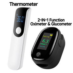 Glucometer & Oximeter No Need Prick 2-in-1 Function Fingertip Monitor Or Medical Body Thermometer Mini Portable Measuring Kit