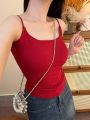 Red Slim Fit Women's Camisole Top with Chest Pad Small Strap Vest Summer Outerwear plus Size Waist Cinched Sleeveless Shirt. 