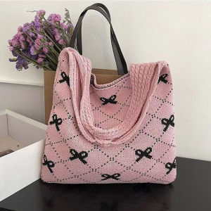 กระเป๋าถักมีโบว์สำหรับผู้หญิงกระเป๋ารักษ์โลกแบบเกาหลีพับได้กระเป๋าถือ Y2K โครเชต์กระเป๋าสะพายแบบมีเชือกหวานถักกระเป๋าโท้ท