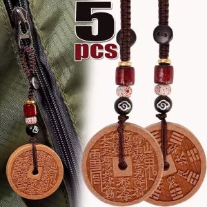 5PCS Chinese Wooden Money Coins Lucky Keychain Wealth Success Charm Bag Pendant Antique Copper Money Necklace Gift