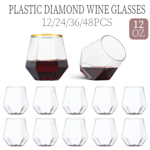 12-48PCS Diamond Plastic Wine Glasses Disposable Stemless Plastic Cups Whiskey Cocktail for Party Birthday Gathering Bars 12oz