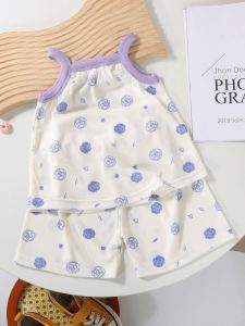 Baby Girl Summer Ice Silk Thin Set Strap Suit Childrens Sleepwear Sweet Style Polyester Fiber Ammonia Fiber No Sleeve Hoodless