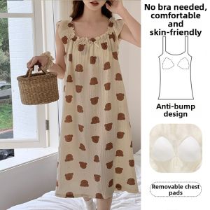 Sweet Princess Style Strap Sleep Dress with Chest Pad Loose Weave Cotton Home Clothes Small Flying Sleeve Gown for Women