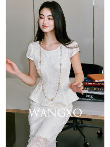 WANGXO | Áo Cổ Tròn Viền Nơ Thêu Đẹp & Chân Váy Ôm Dài Tuyệt Đẹp