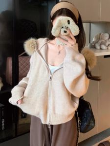 GUZILIAN | Soft Fleece Collar Hooded Knit Sweater for Women