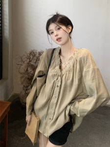 plus Size French Style Shirt Womens Long Sleeve V-Neck Loose Fit Sun Protection Outerwear Thin Pure Color Top for Autumn