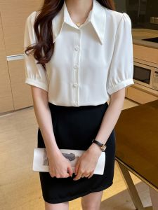 Summer New Style Loose Womens Shirt Short Sleeve Commuter Korean Version Professional Workwear Butterfly Knot Polo Neck
