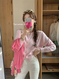 Pink Short-Sleeved Knit Sweater with Low Round Neck for Women Autumn Season Sun Protection Thin Cardigan Outside Coat