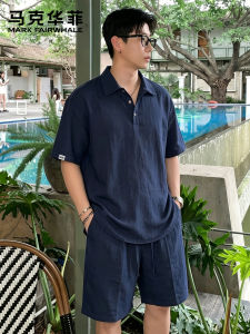 Mark Fairwhale | Retro Rich Style Linen Polo Shirt Shorts Set Large Size