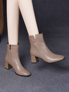 รองเท้าบู๊ตสั้นหนังแท้ทรงหัวมน สำหรับผู้หญิง ฤดูใบไม้ร่วง/ฤดูหนาว ส้นสูงปานกลาง รองเท้าบู๊ตสั้นนุ่มหนังแกะบุขนแกะ ซิปข้าง